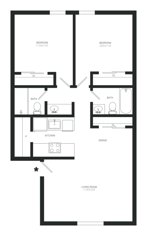Floor plan for 2 beds, 2 baths, 900 sqft